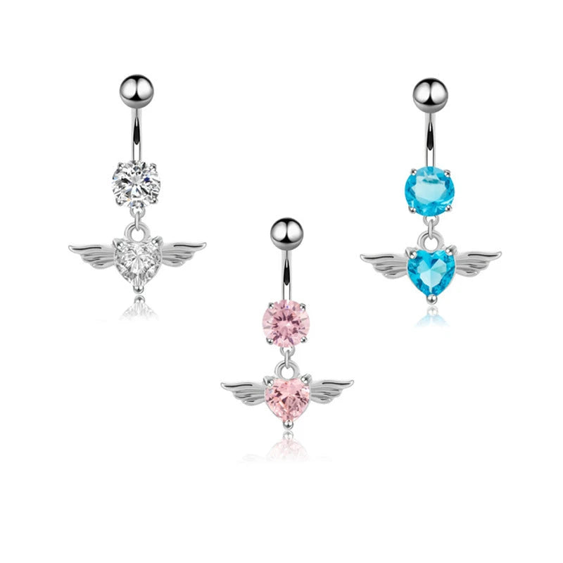 Angel Wings Zirconia Heart Navel Ring Jewelry