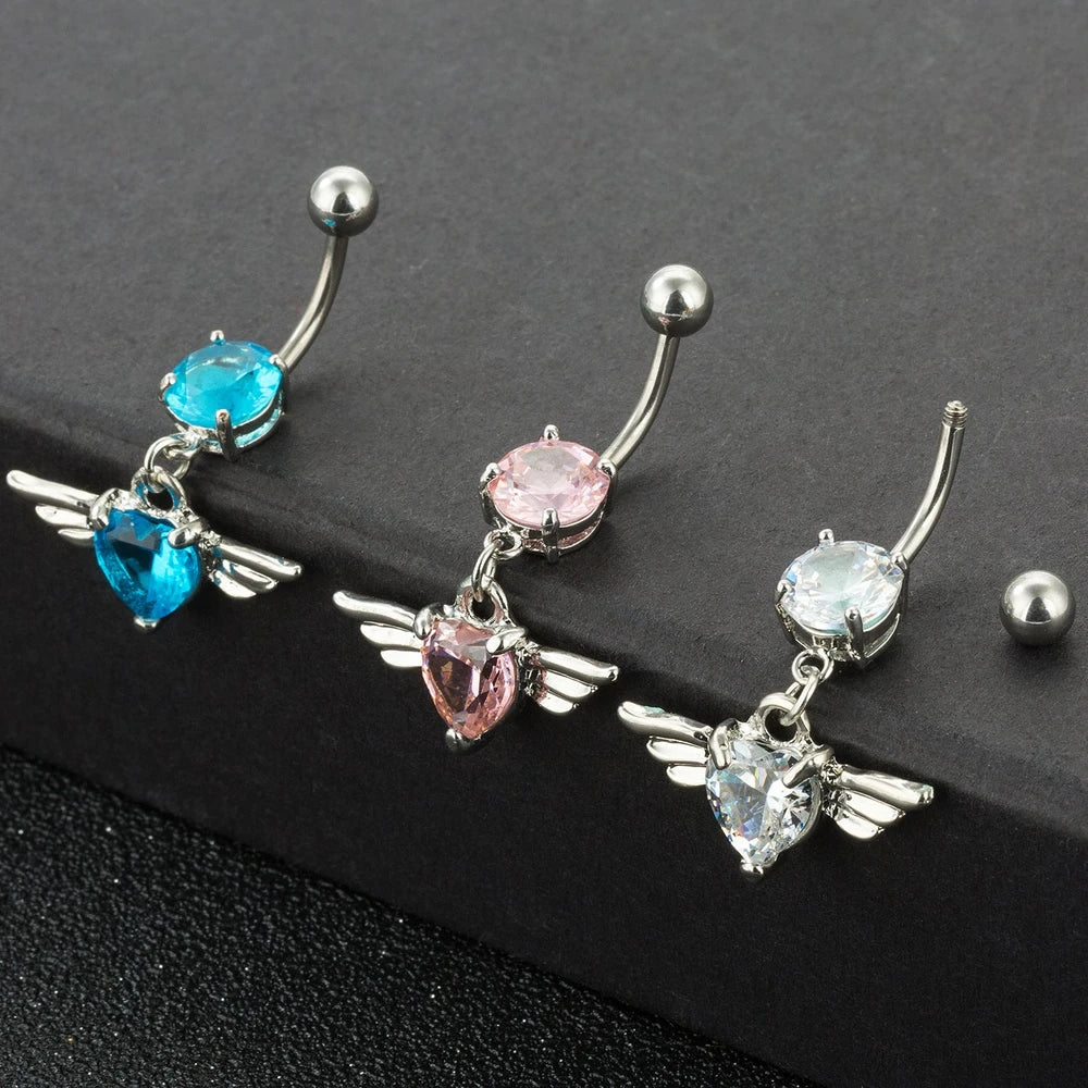 Angel Wings Zirconia Heart Navel Ring Jewelry