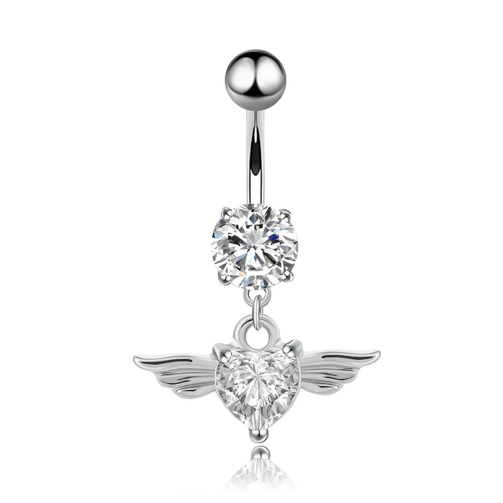 Angel Wings Zirconia Heart Navel Ring Jewelry