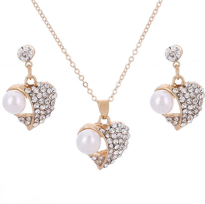 Heart Pearl Jewelry Set with Earrings and Necklace