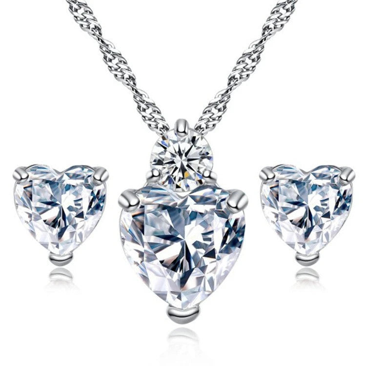 Heart-Shaped Zirconia Earrings and Necklace Set