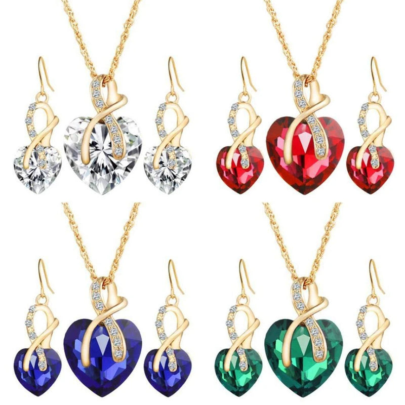 Fashion Heart-Shaped Crystal Earrings and Necklace Set
