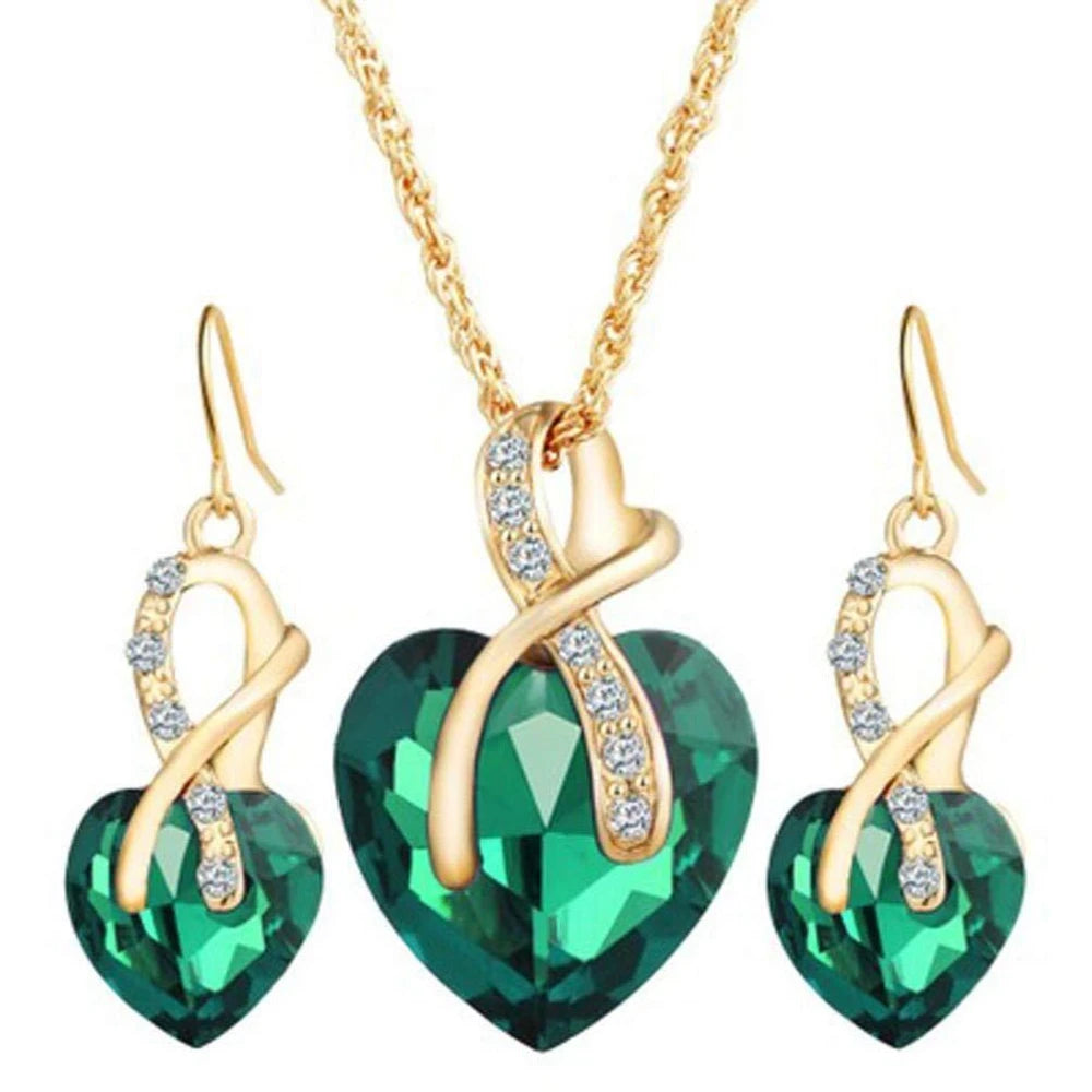 Fashion Heart-Shaped Crystal Earrings and Necklace Set